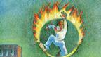 Illustration showing man jumping through burning hopp