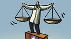 Doctor holding scales cartoon